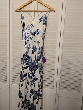 White Maxi Dress with Blue Floral Sequin Design